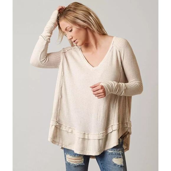 Free People Laguna Beige Waffle Weave Knit Thermal Long Sleeve Tunic Top Size S - Picture 1 of 8